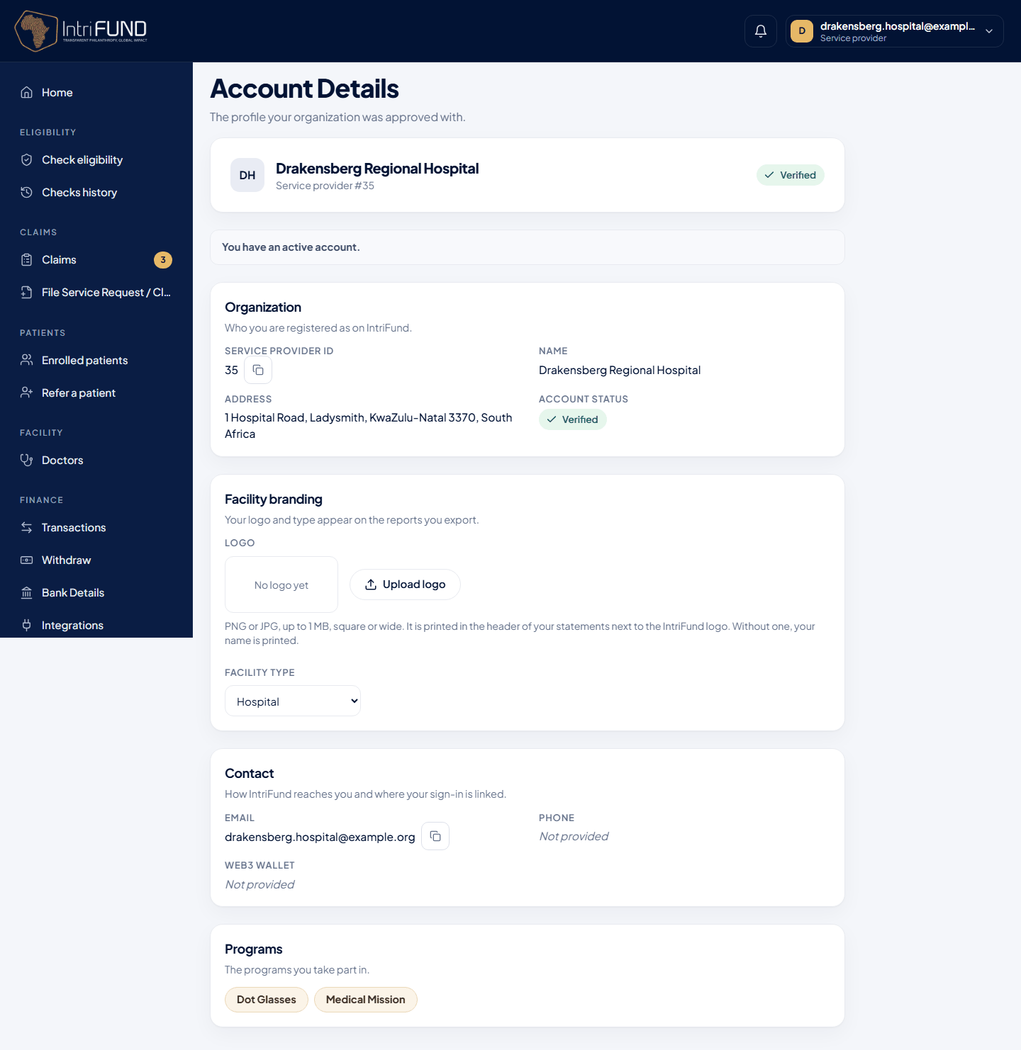 Account Details with the Facility branding section