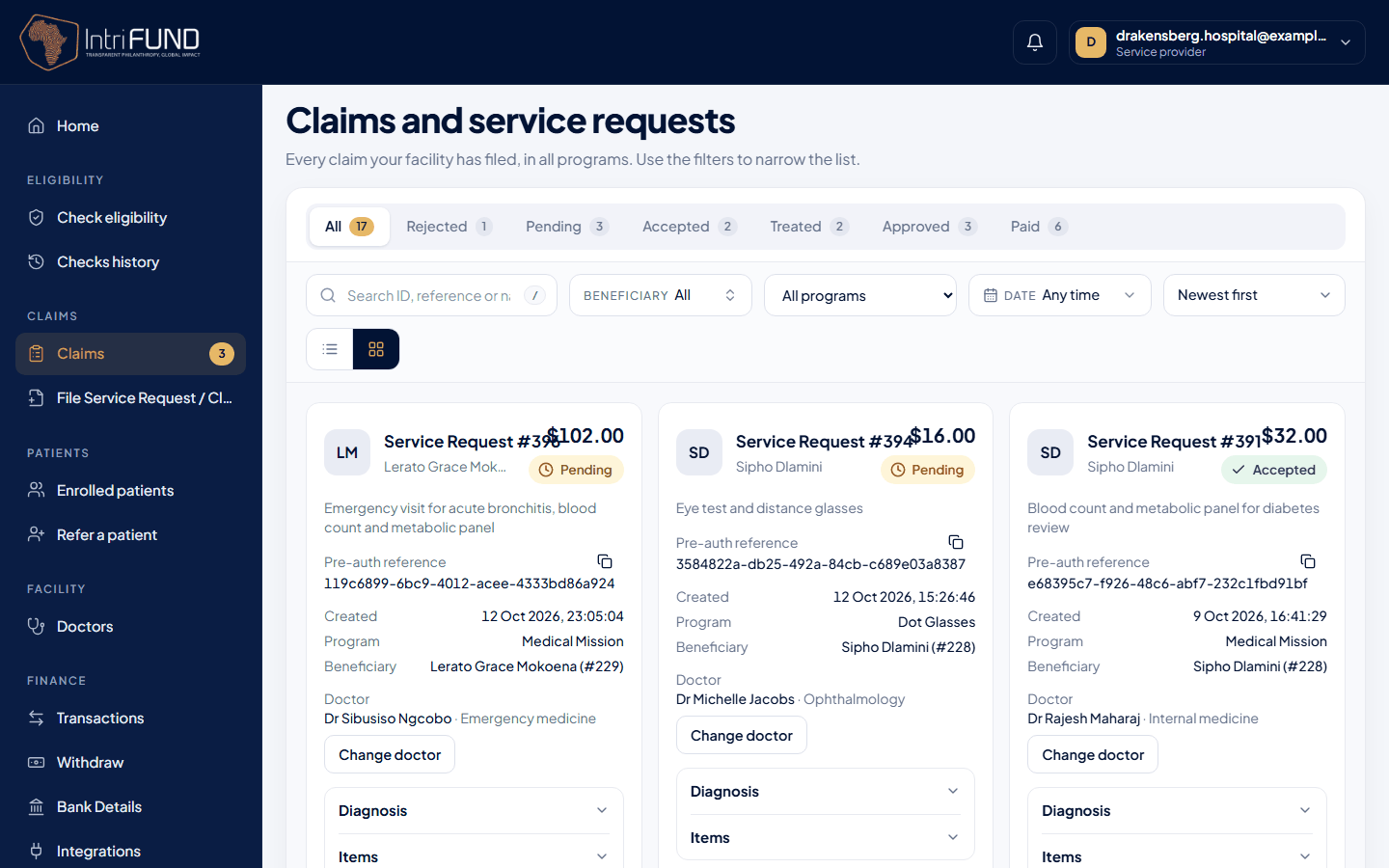 The clinic's Claims list with each request, its program and its status