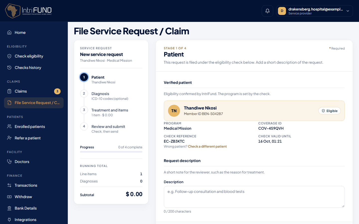 The first stage of the service request form, with the patient from the check