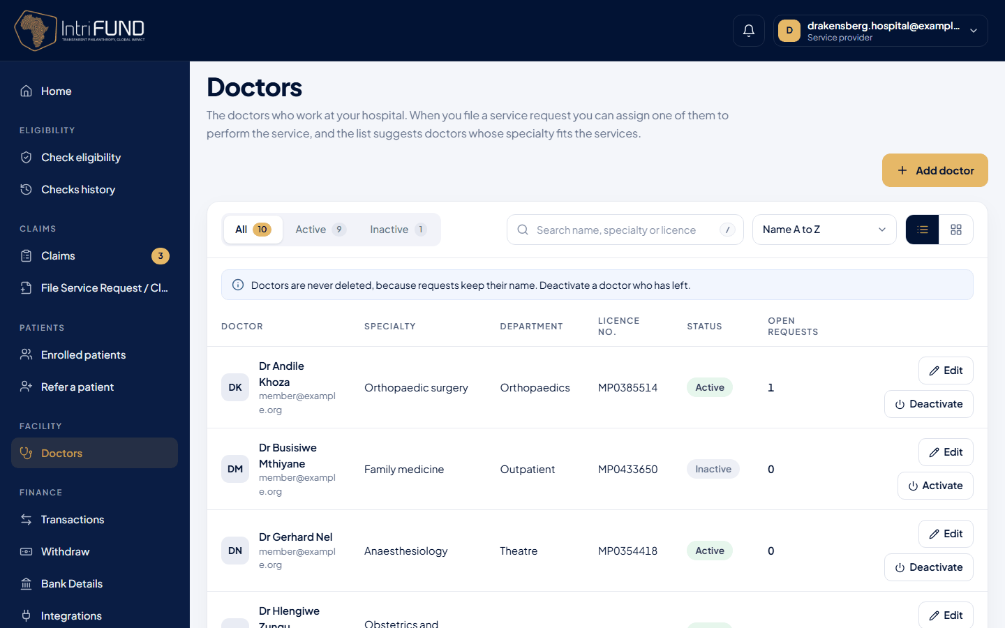 The Doctors list for a hospital with specialty and department