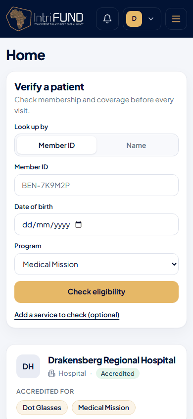 The clinic home page on a phone, starting with Verify a patient