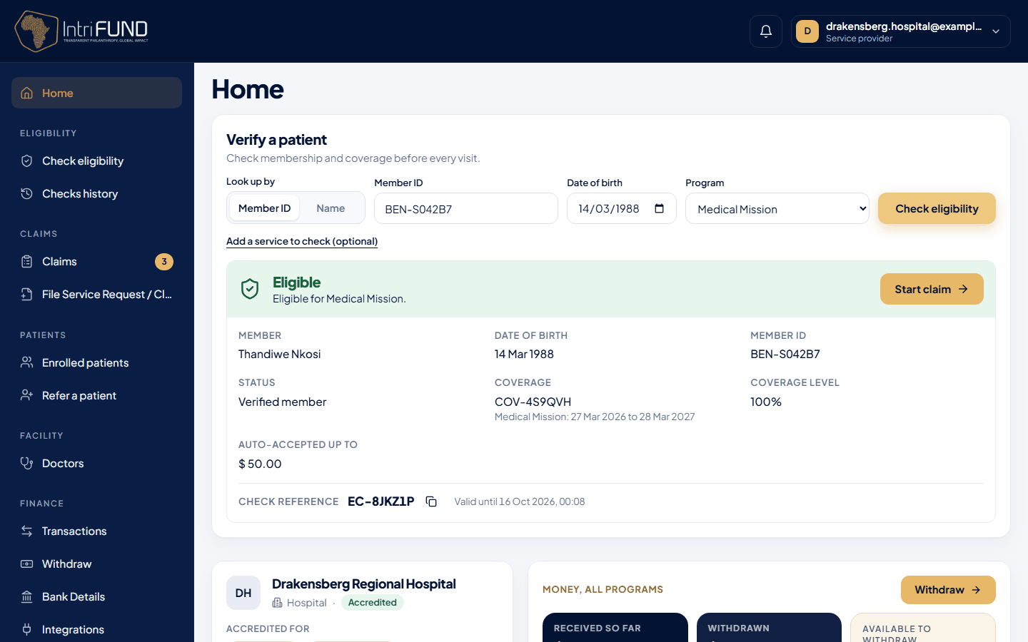 The clinic home page with the Verify a patient form and an eligible result