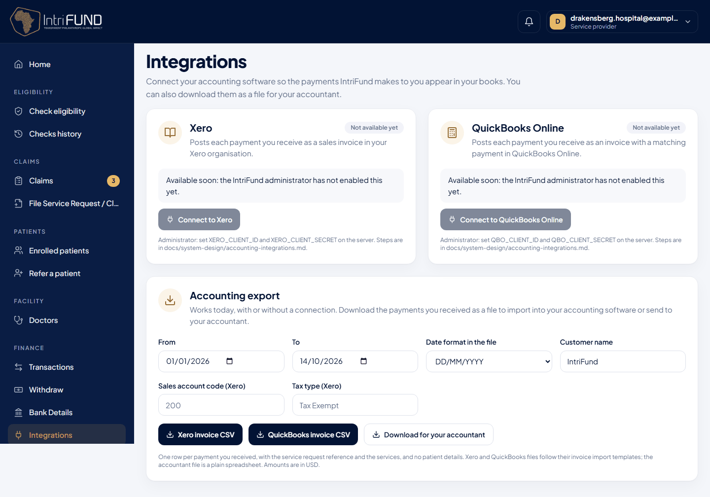The Integrations screen with cards for Xero and QuickBooks and the CSV export