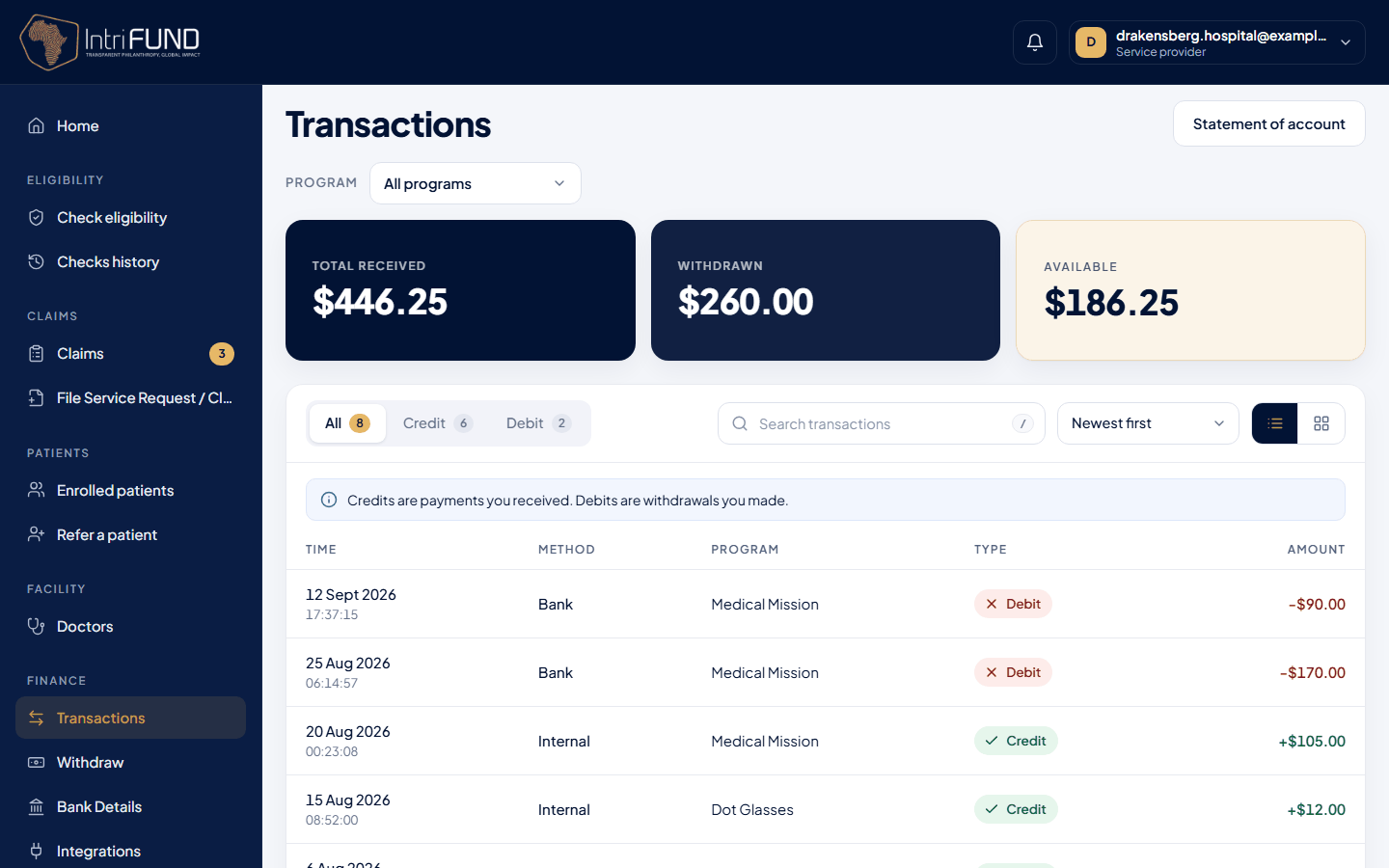 The clinic's Transactions screen with the balance and payments