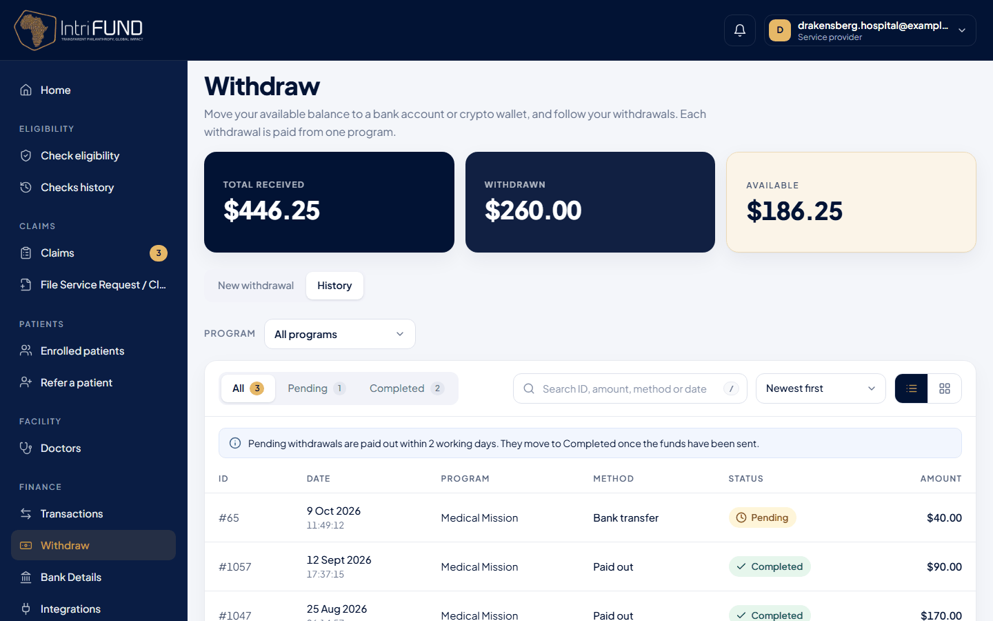 The Withdraw screen where a clinic chooses an amount and destination