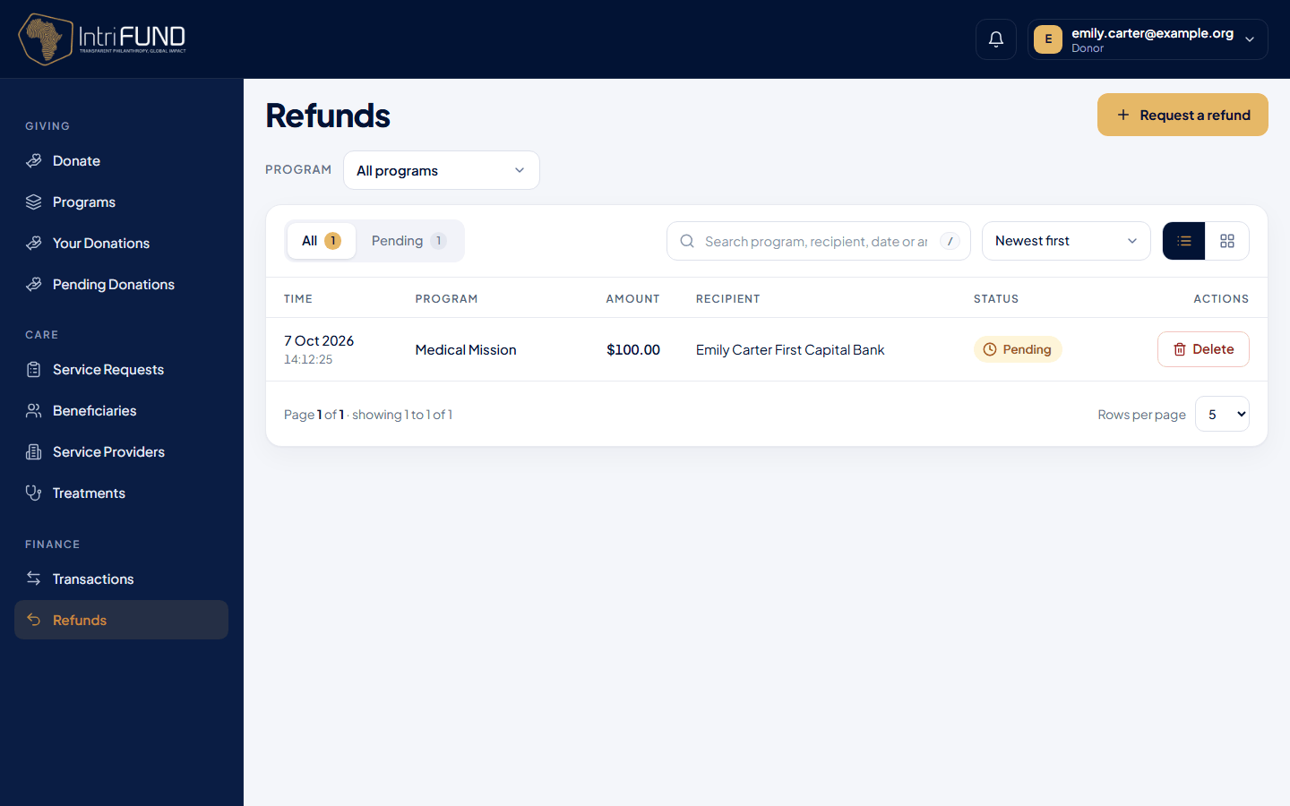 The Refunds screen for a donor with a Request a refund button