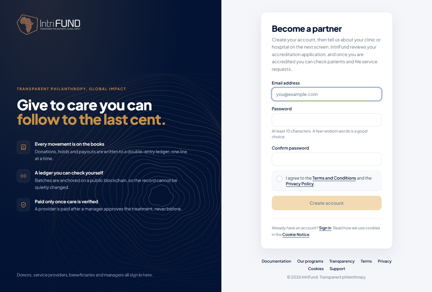 The Become a partner form with email, password and the terms checkbox