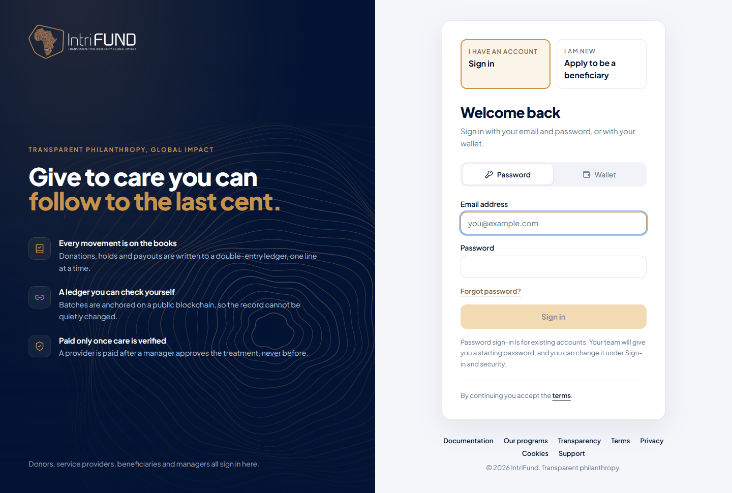 The beneficiary sign-in page with the I am new box: Apply to be a beneficiary